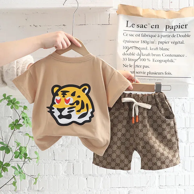 1-5 Years Summer Boys Clothing Set Tiger Pattern T-shirt   Grid design Shorts 2Pcs Suit for Kids Casual Children Outfit