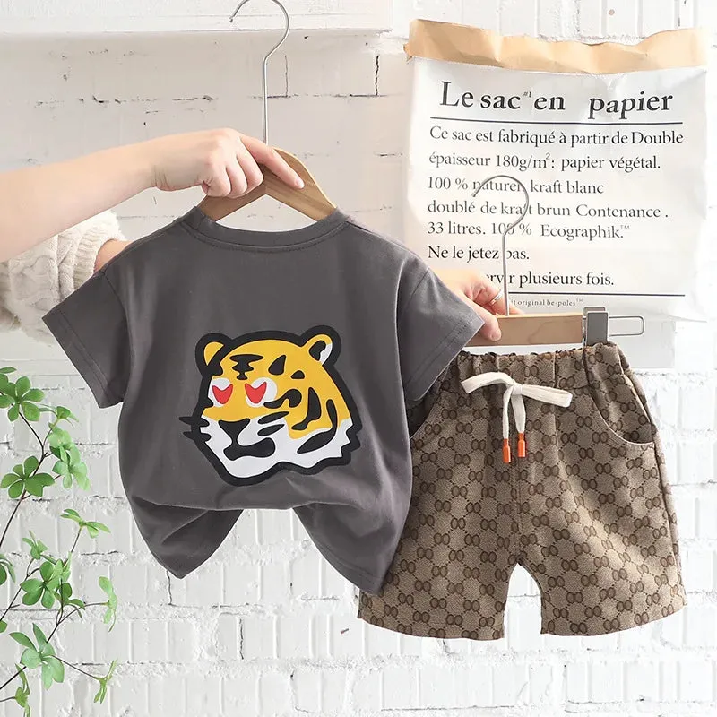 1-5 Years Summer Boys Clothing Set Tiger Pattern T-shirt   Grid design Shorts 2Pcs Suit for Kids Casual Children Outfit