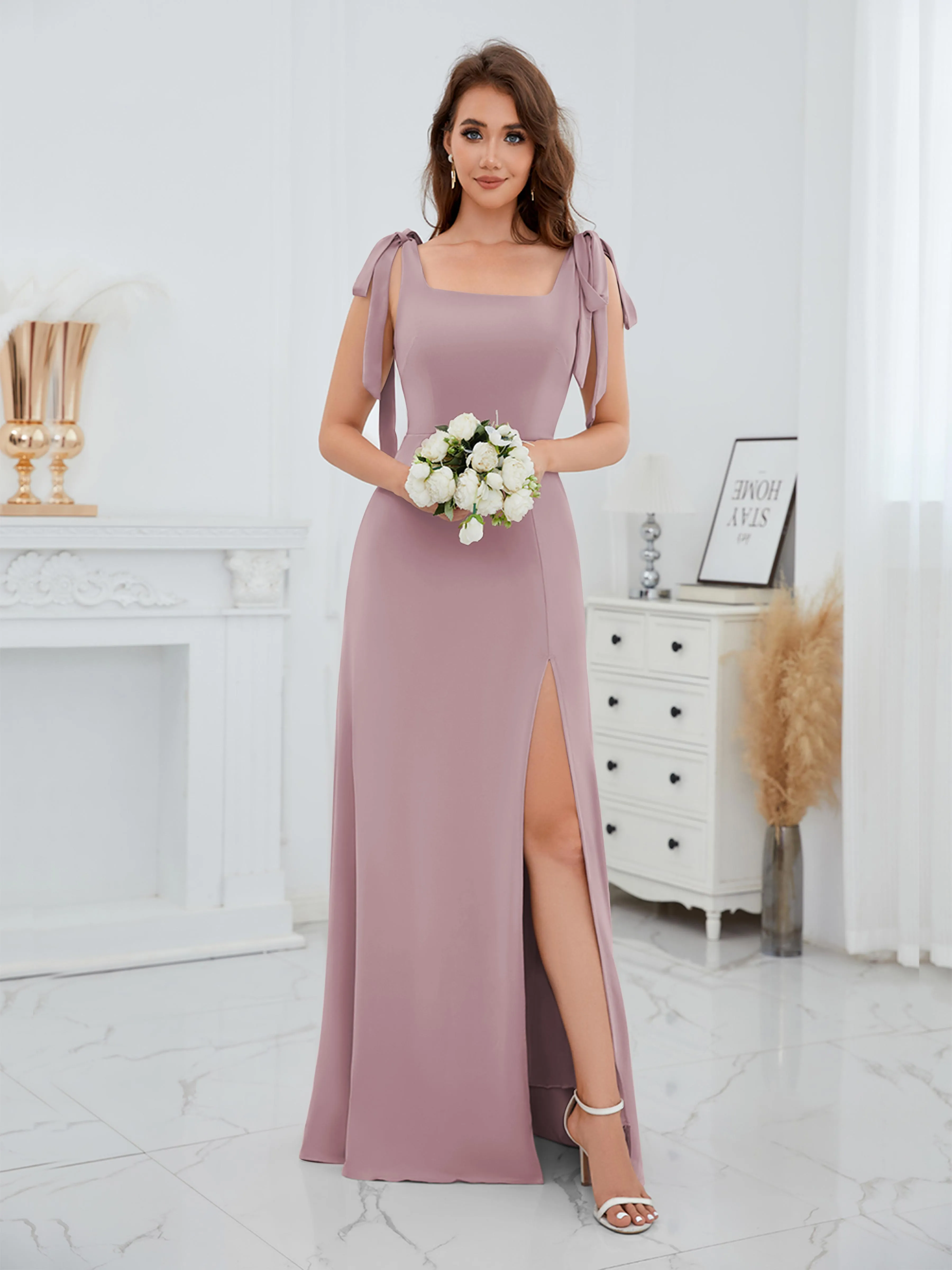 Averie Trendy Square Slit Floor Length Chiffon Bridesmaid Dresses