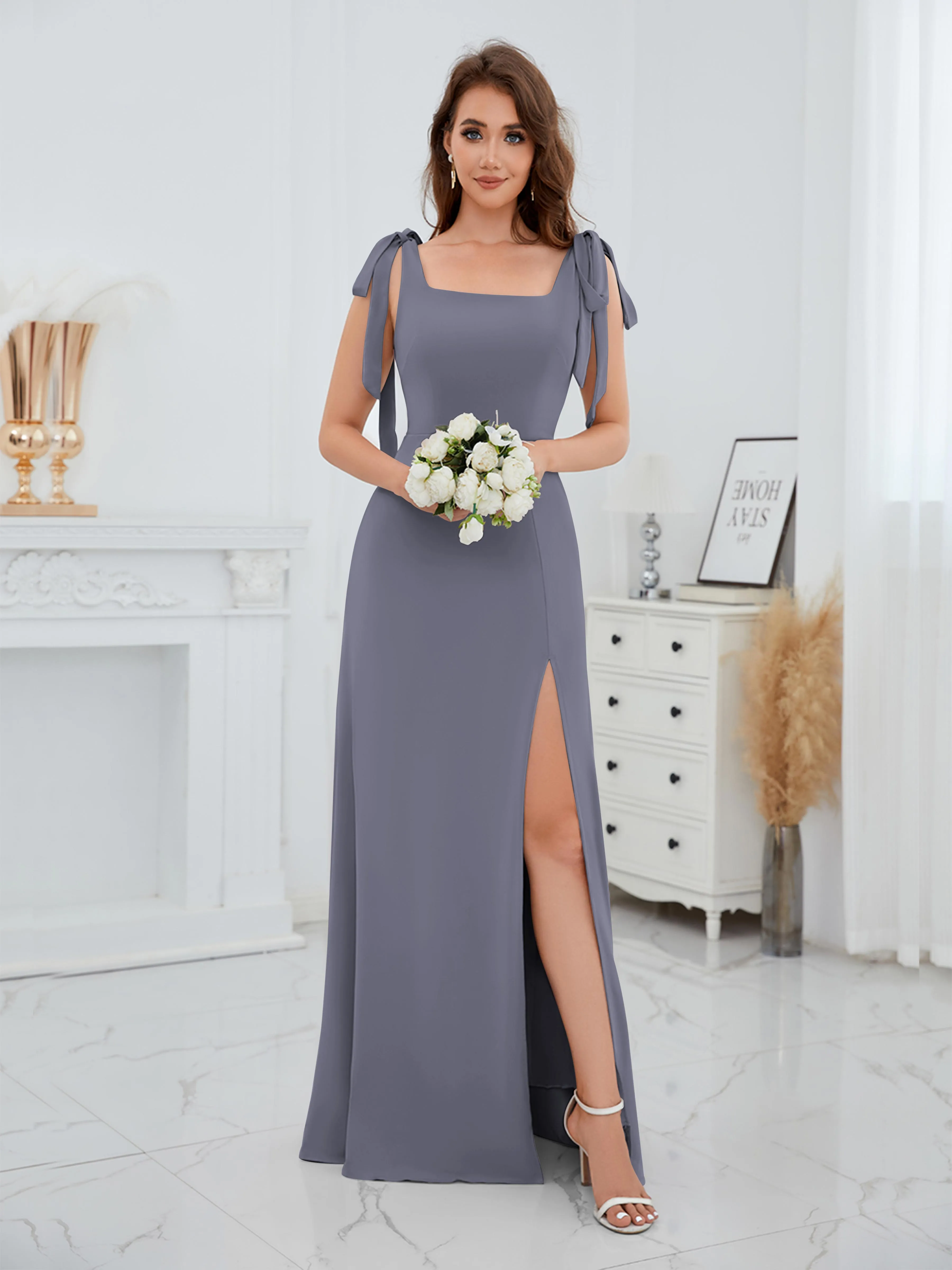 Averie Trendy Square Slit Floor Length Chiffon Bridesmaid Dresses