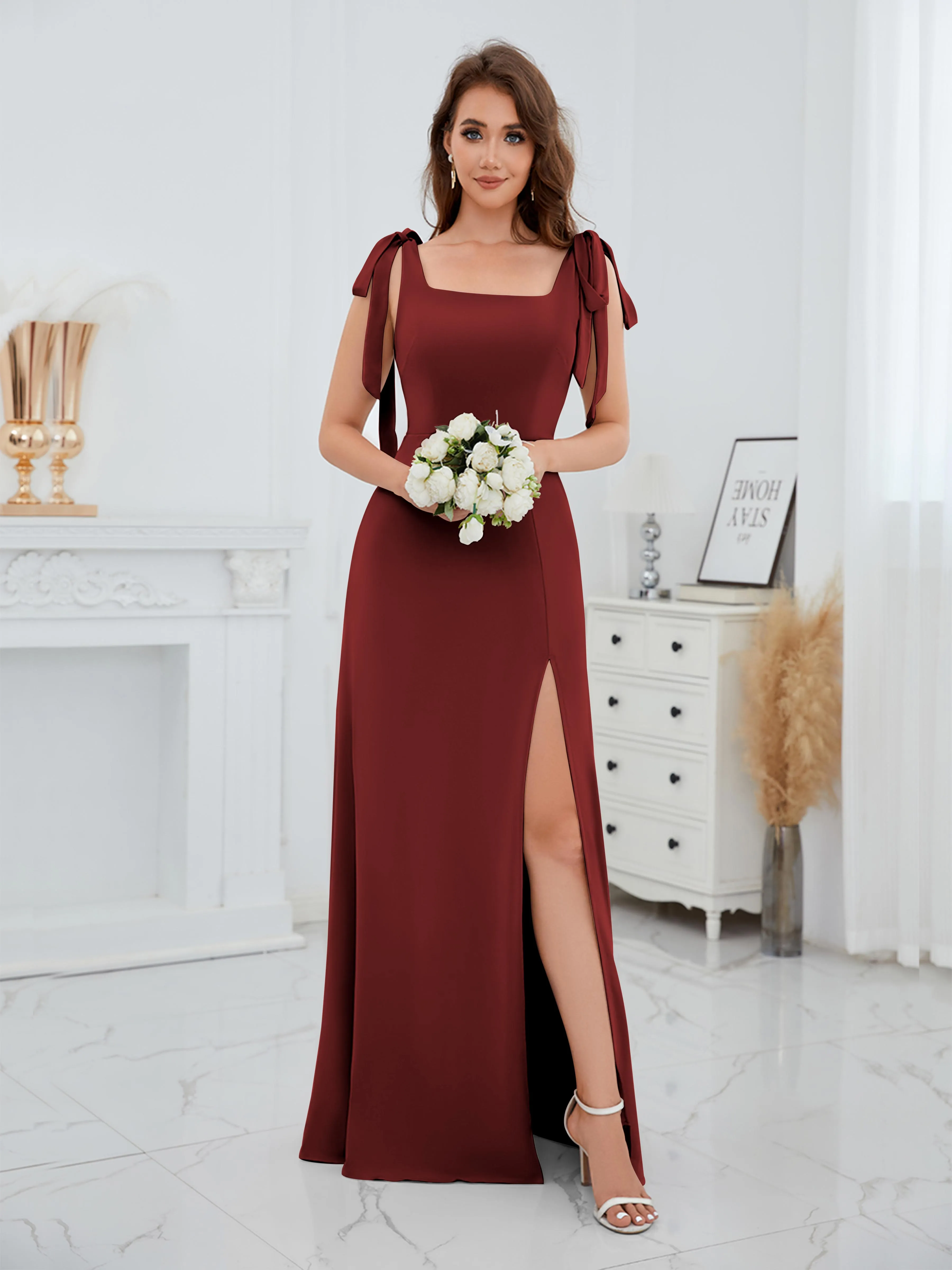 Averie Trendy Square Slit Floor Length Chiffon Bridesmaid Dresses