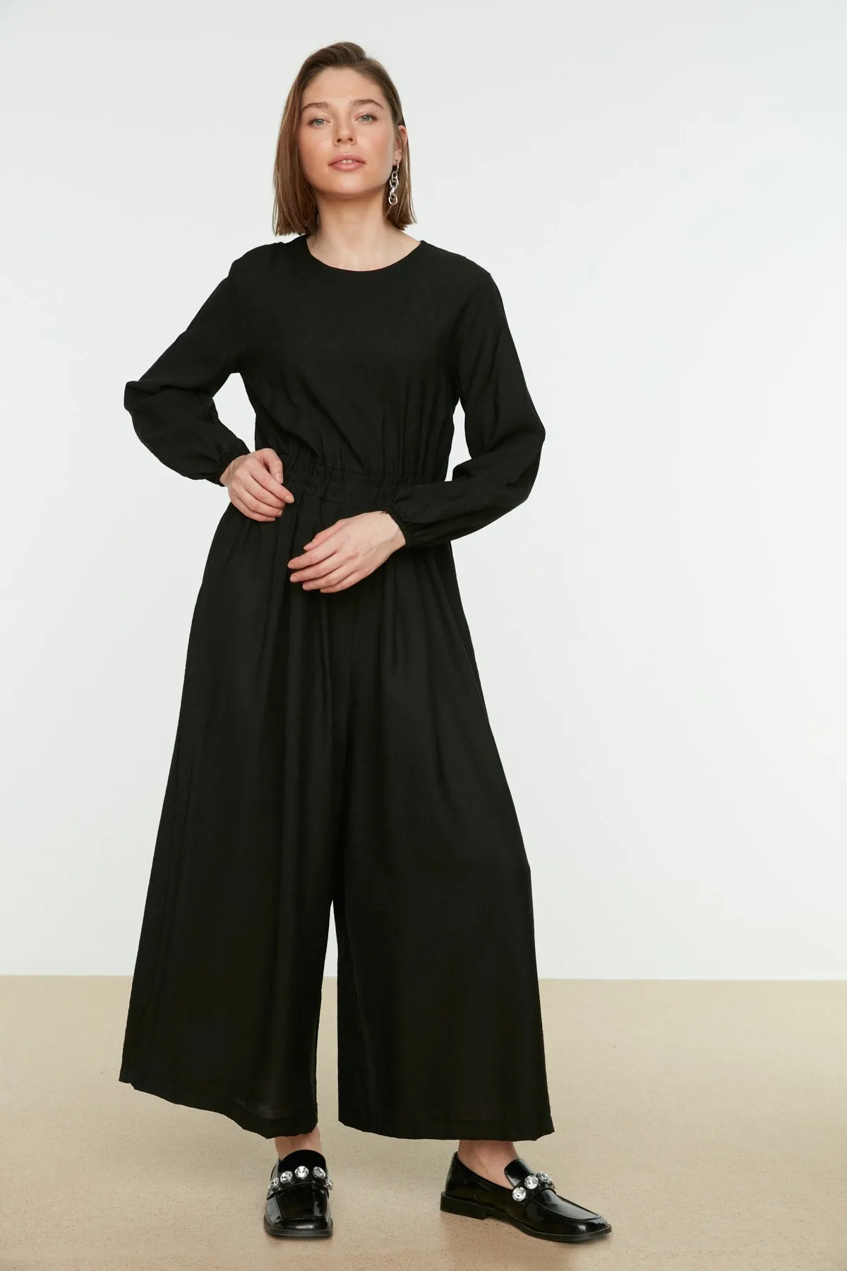 Black Elastic Waist Comfortable Fit Jumpsuit