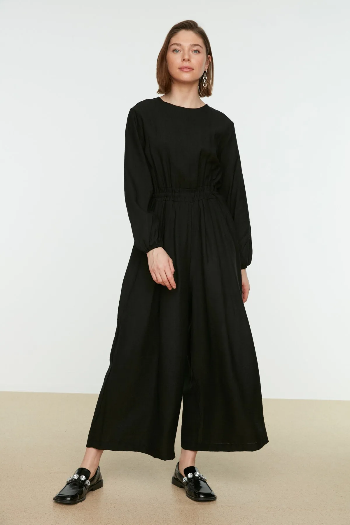 Black Elastic Waist Comfortable Fit Jumpsuit