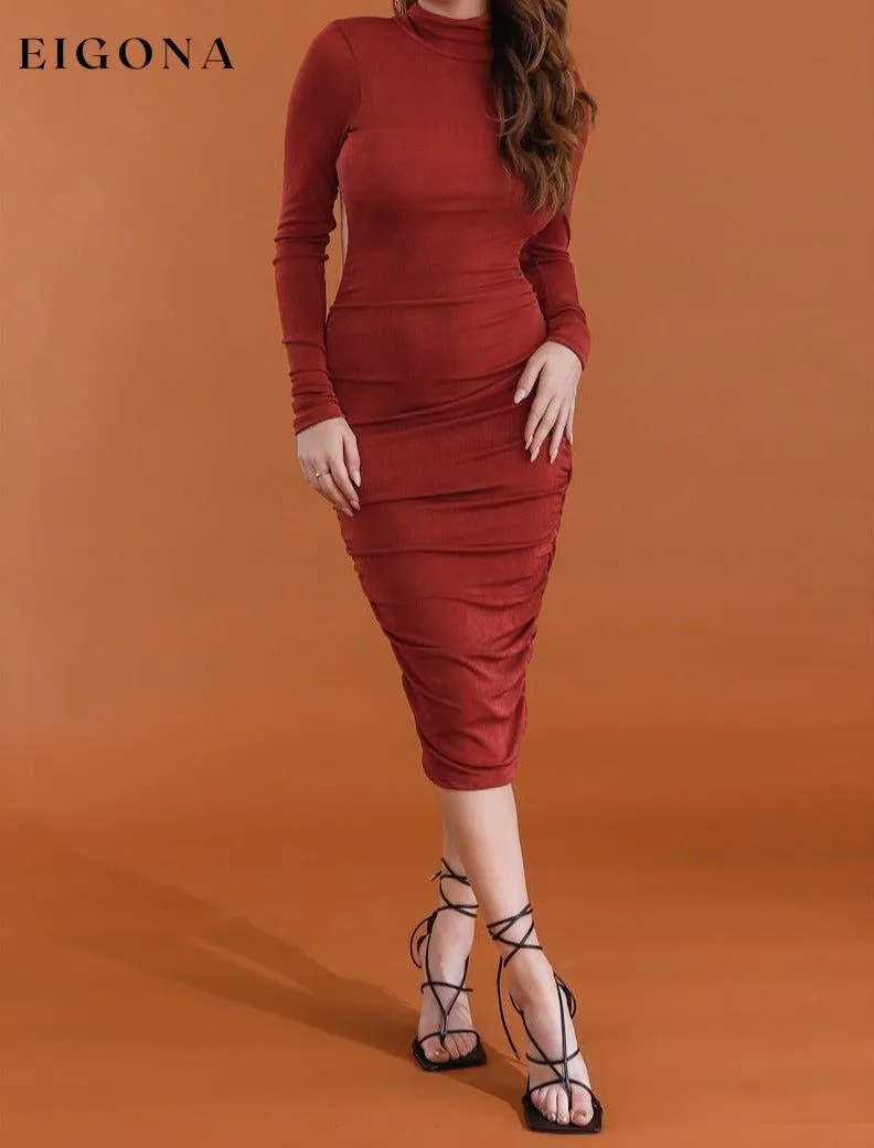 Brick Satin Effect Ruched Turtle Neck Open Back Midi Dress