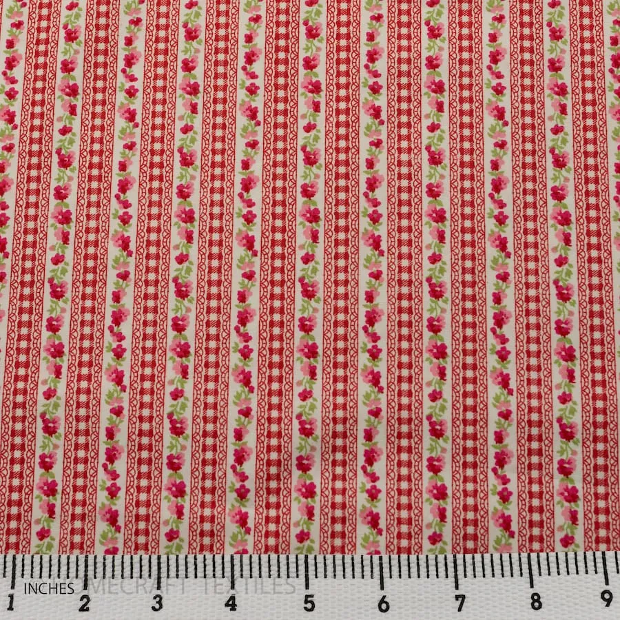 Cerise Floral Lace Stripe Cotton Print