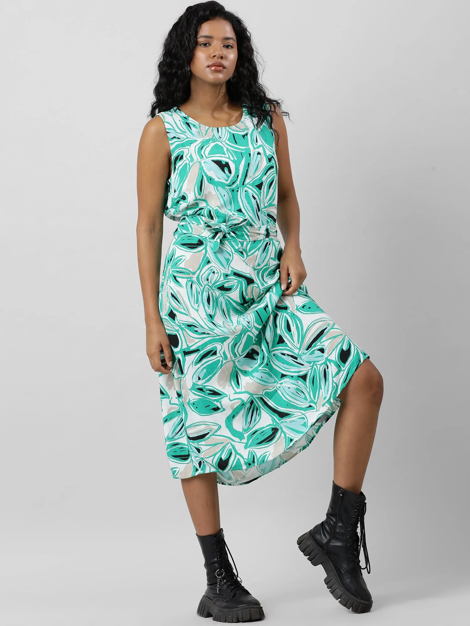 Chic Sleeveless Green Print Dress