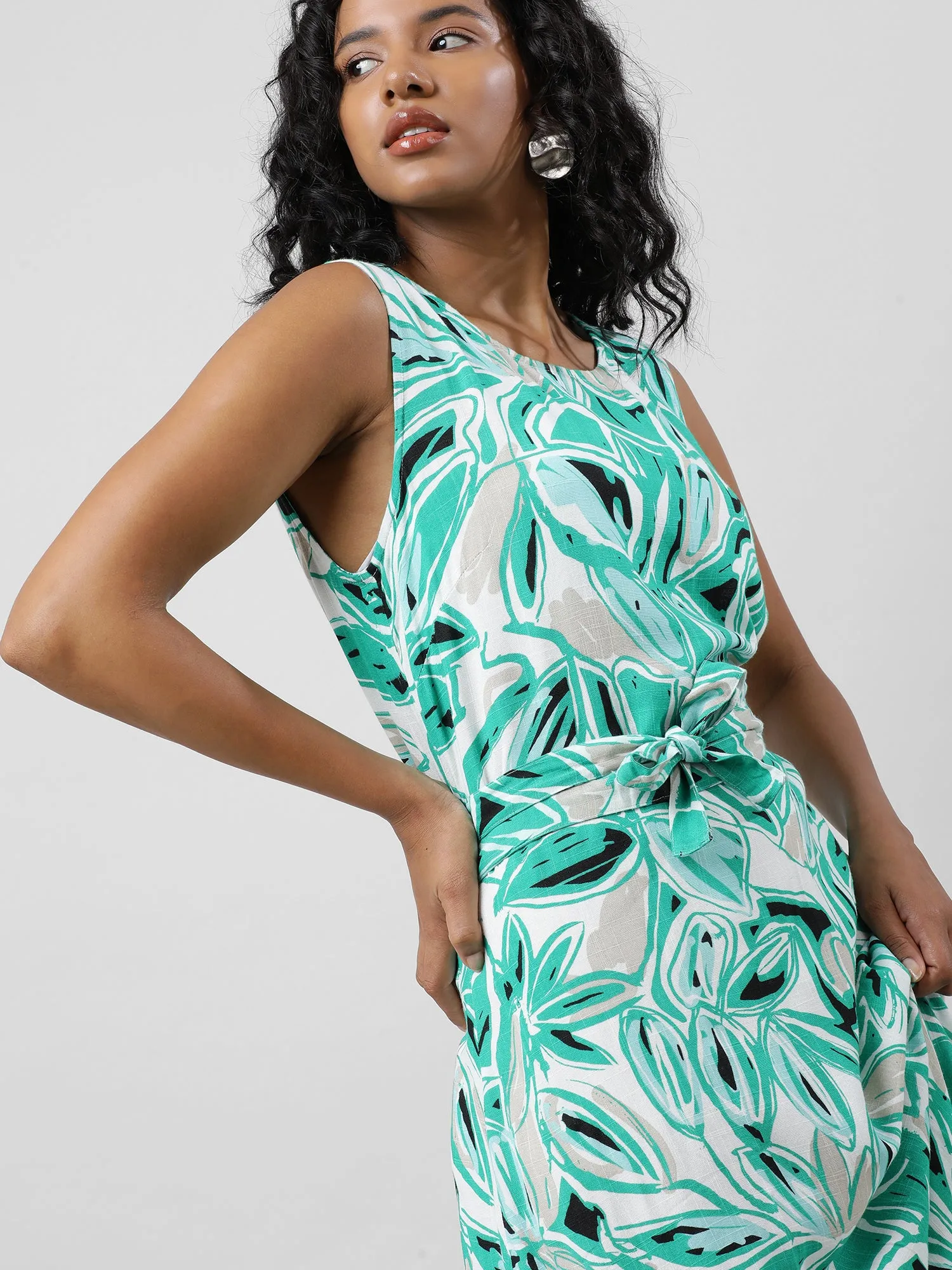 Chic Sleeveless Green Print Dress