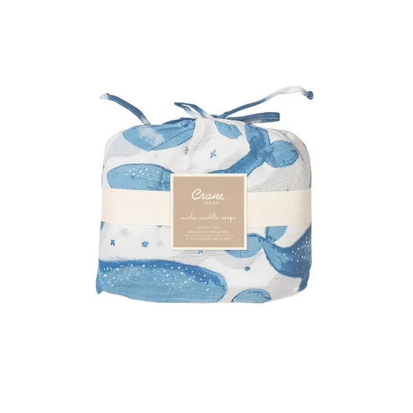 Crane Caspian Muslin Cotton Baby Swaddle Blankets - 2 Pack - Whales