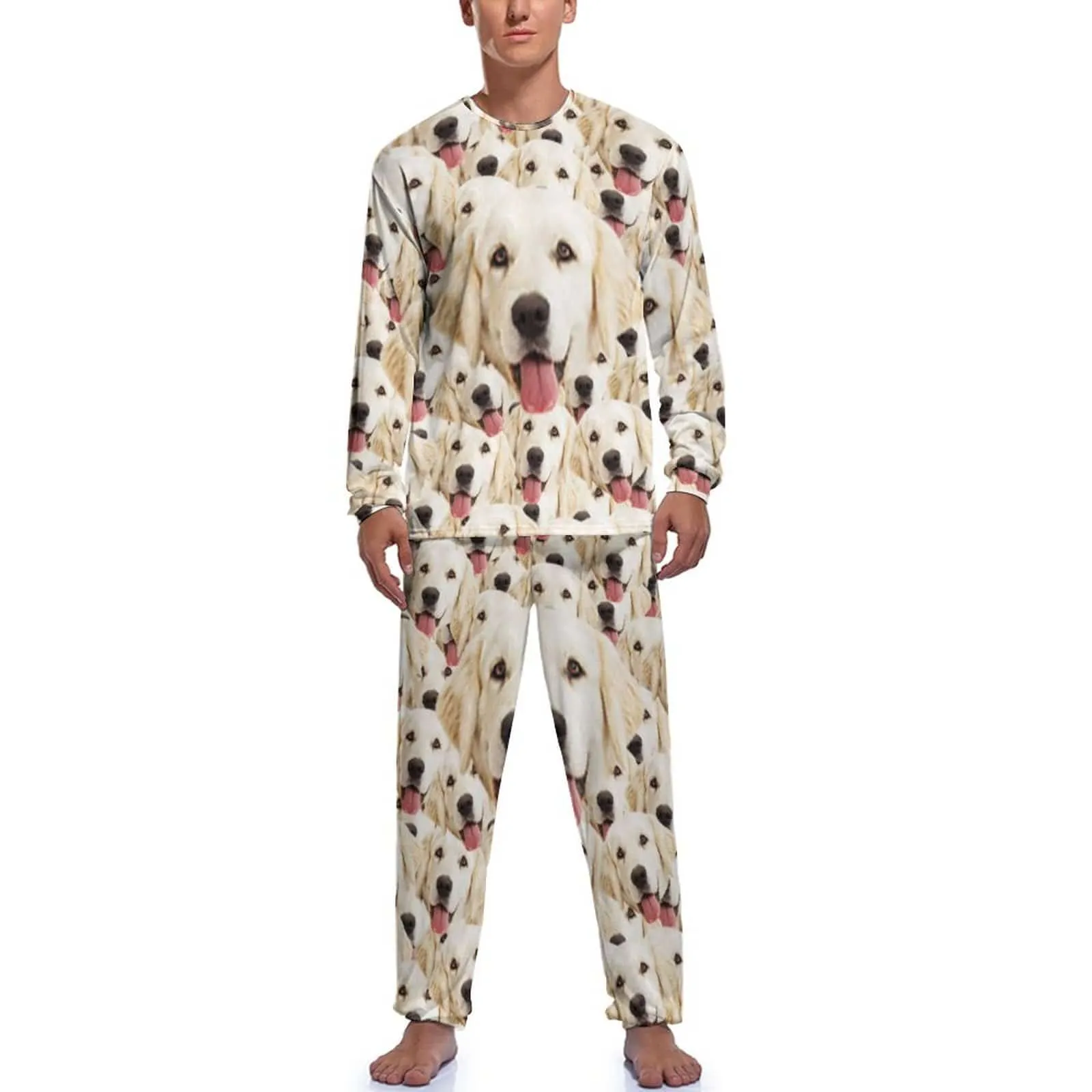 Custom Pets Seamless Face Men's Long Sleeve Crewneck Pajamas Set Personalized Sleepwear Sets