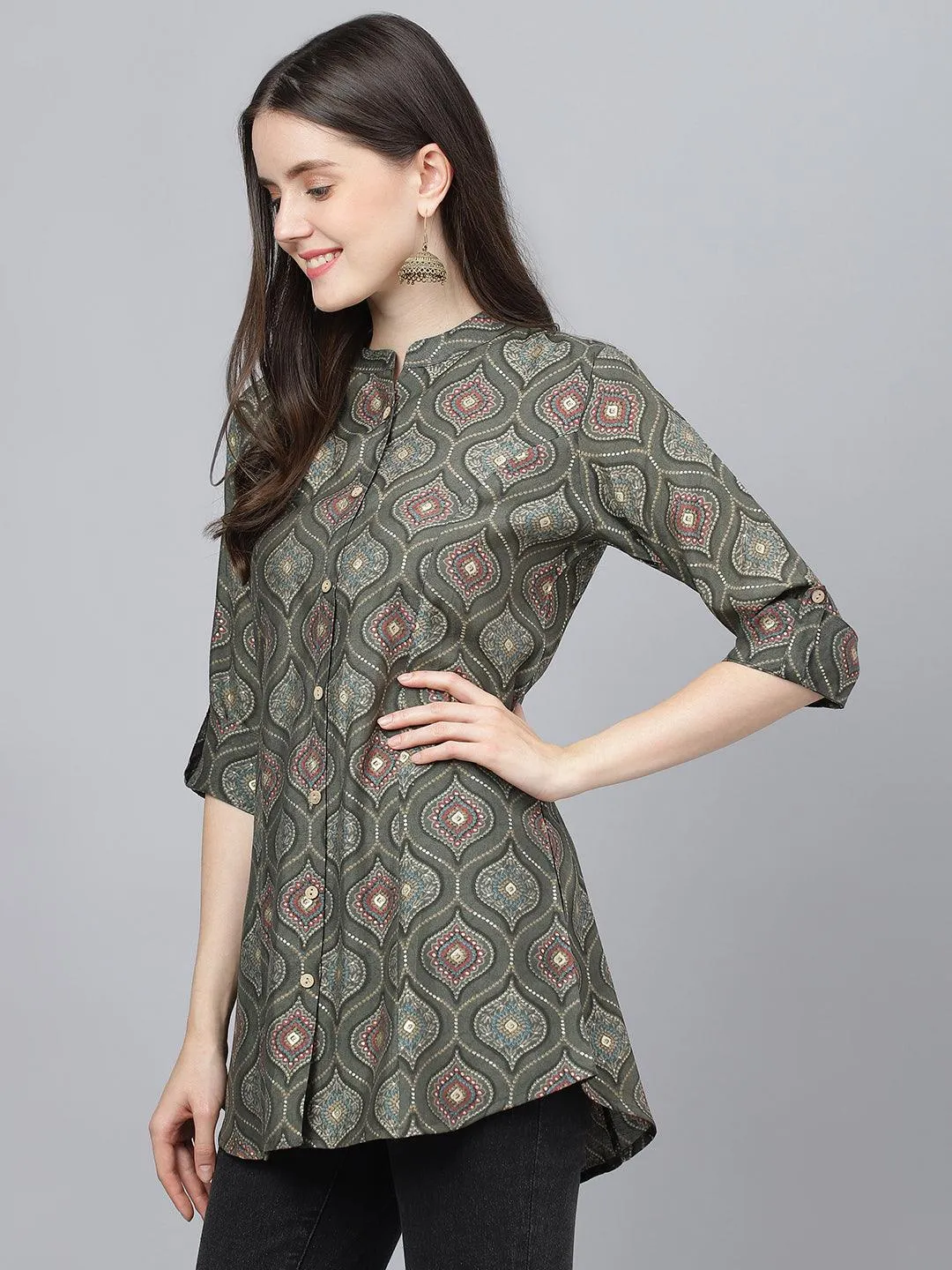 Divena Gray Motif Printed Modal A-Line Shirts Style Top