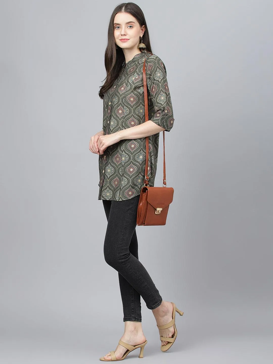 Divena Gray Motif Printed Modal A-Line Shirts Style Top