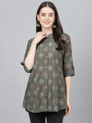 Divena Gray Motif Printed Modal A-Line Shirts Style Top