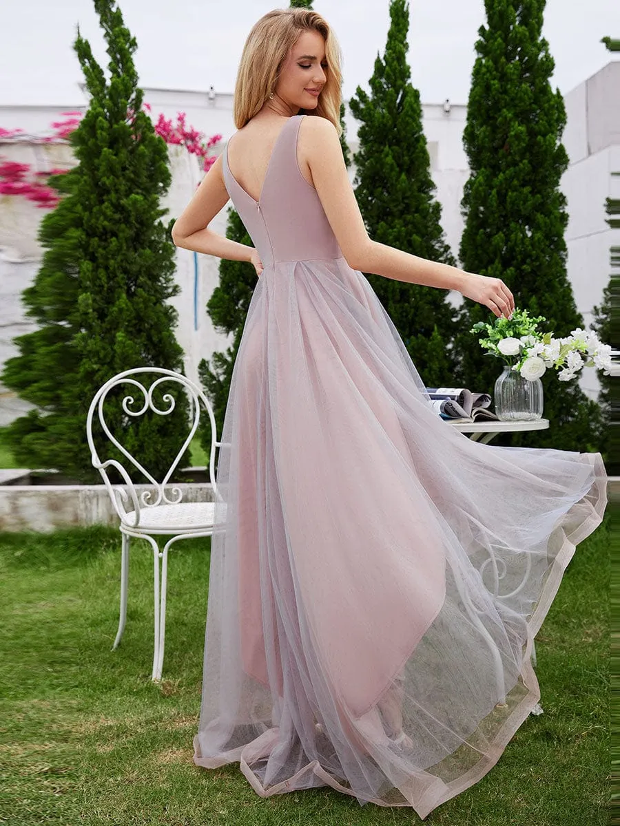 Elegant Sleeveless V-Neck High-Low Tulle Evening Dress with Embroidered Appliques