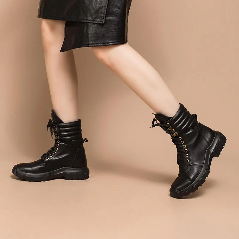 Fashion Cowhide Combat Boots Designer Retro Chunky Riding Boots Black