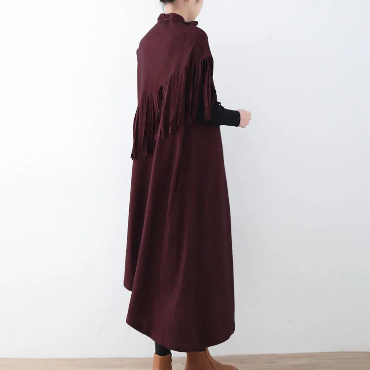 Fine burgundy long woolen trendy plus size tassel fall dresses Elegant asymmetric hem winter dress