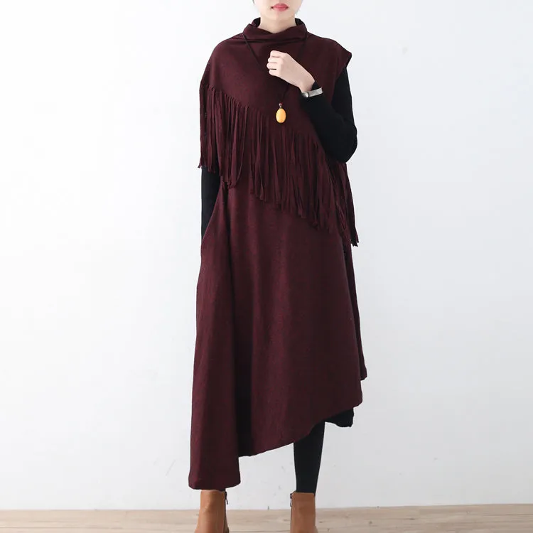 Fine burgundy long woolen trendy plus size tassel fall dresses Elegant asymmetric hem winter dress