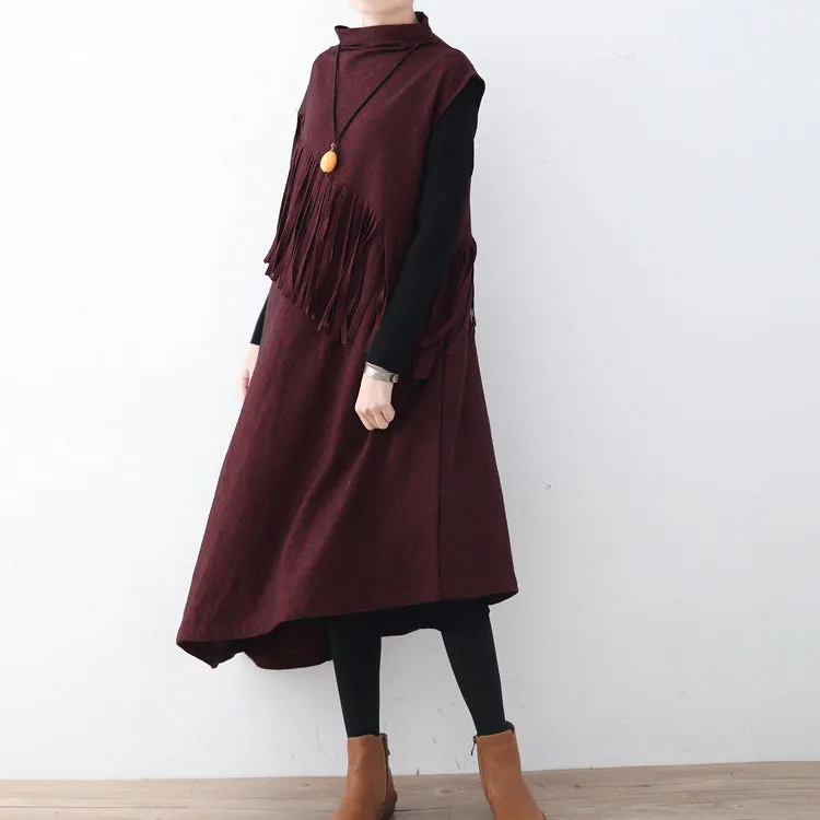 Fine burgundy long woolen trendy plus size tassel fall dresses Elegant asymmetric hem winter dress