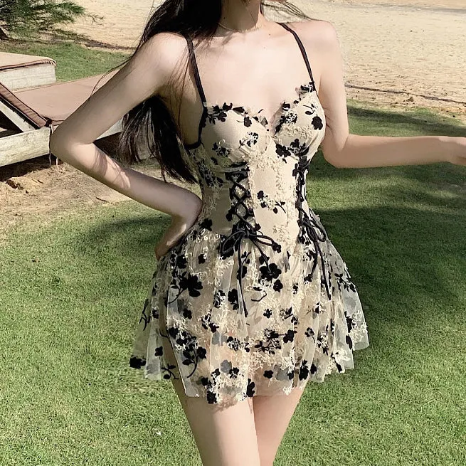 Floral Tie Bow Dress One Piece Swimsuit