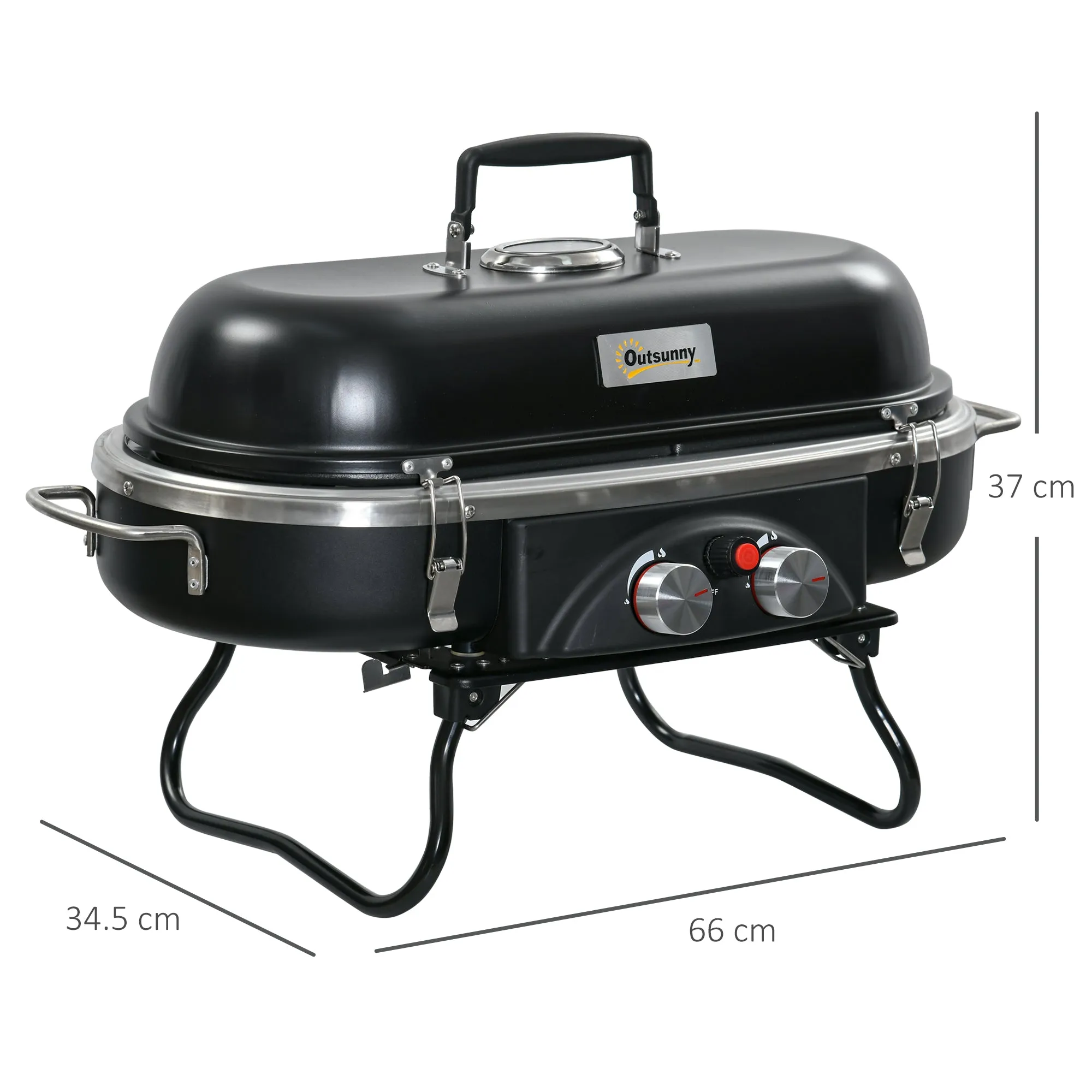 Foldable Gas BBQ Grill 2 Burner Table Top Barbecue w/ Lid Piezo Ignition Thermometer for Camping Picnic Cooking, Aluminium Alloy