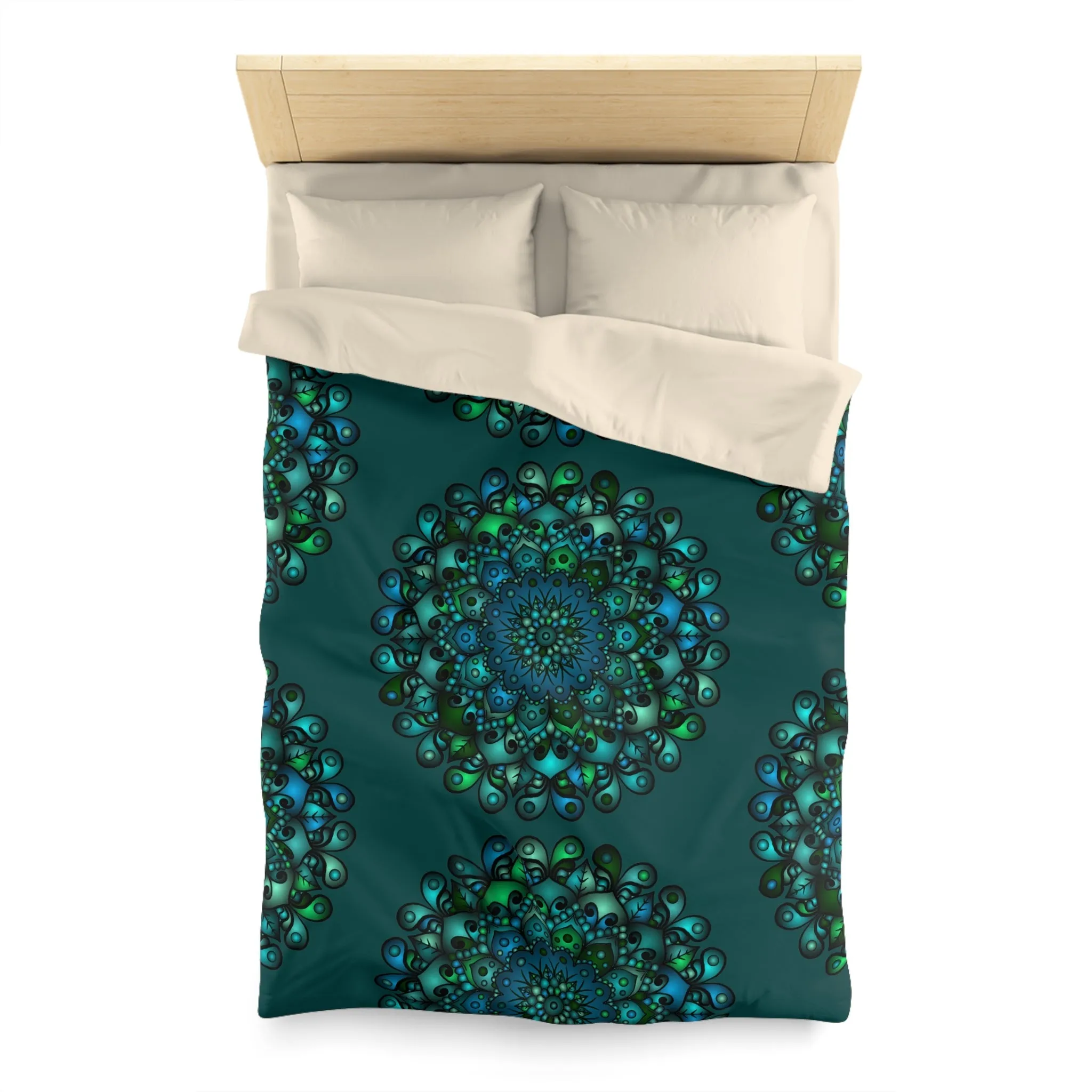 Handmade Mandala Art Microfiber Duvet Cover - Green Mandala on Dark Petroleum Green Background