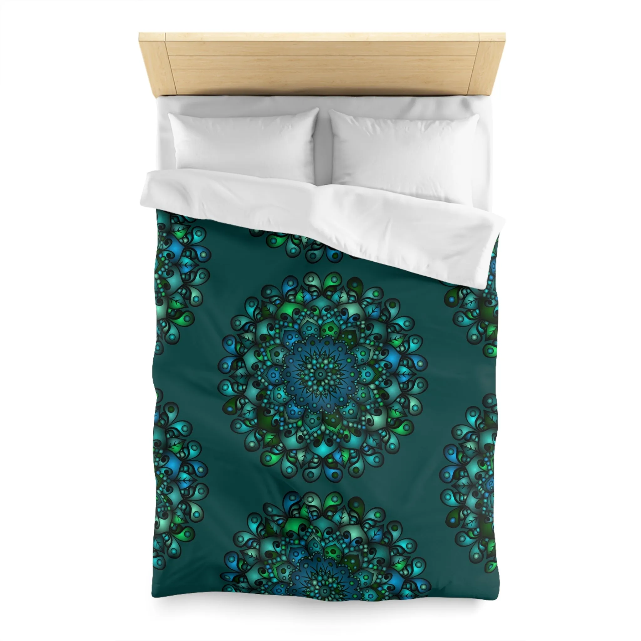 Handmade Mandala Art Microfiber Duvet Cover - Green Mandala on Dark Petroleum Green Background