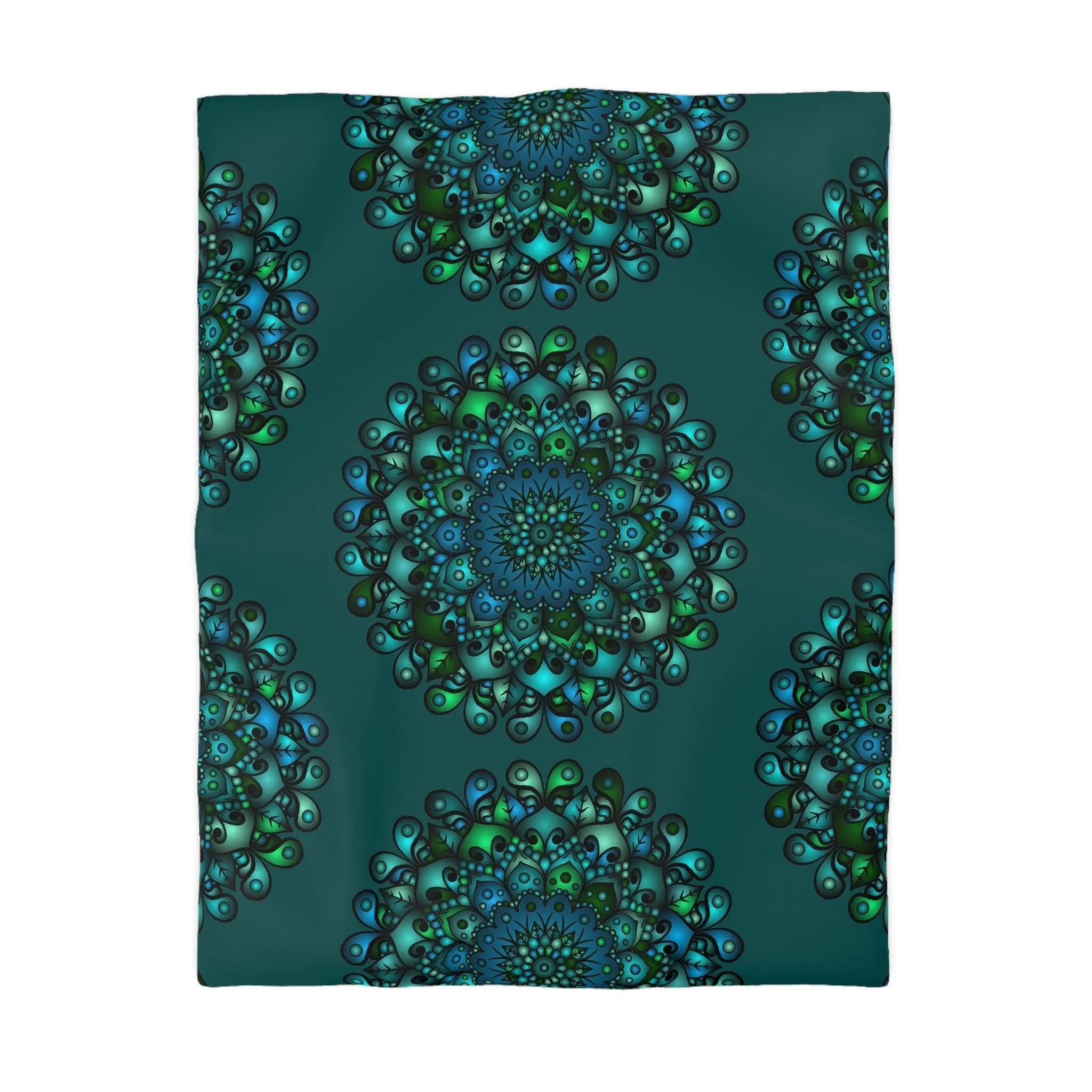 Handmade Mandala Art Microfiber Duvet Cover - Green Mandala on Dark Petroleum Green Background