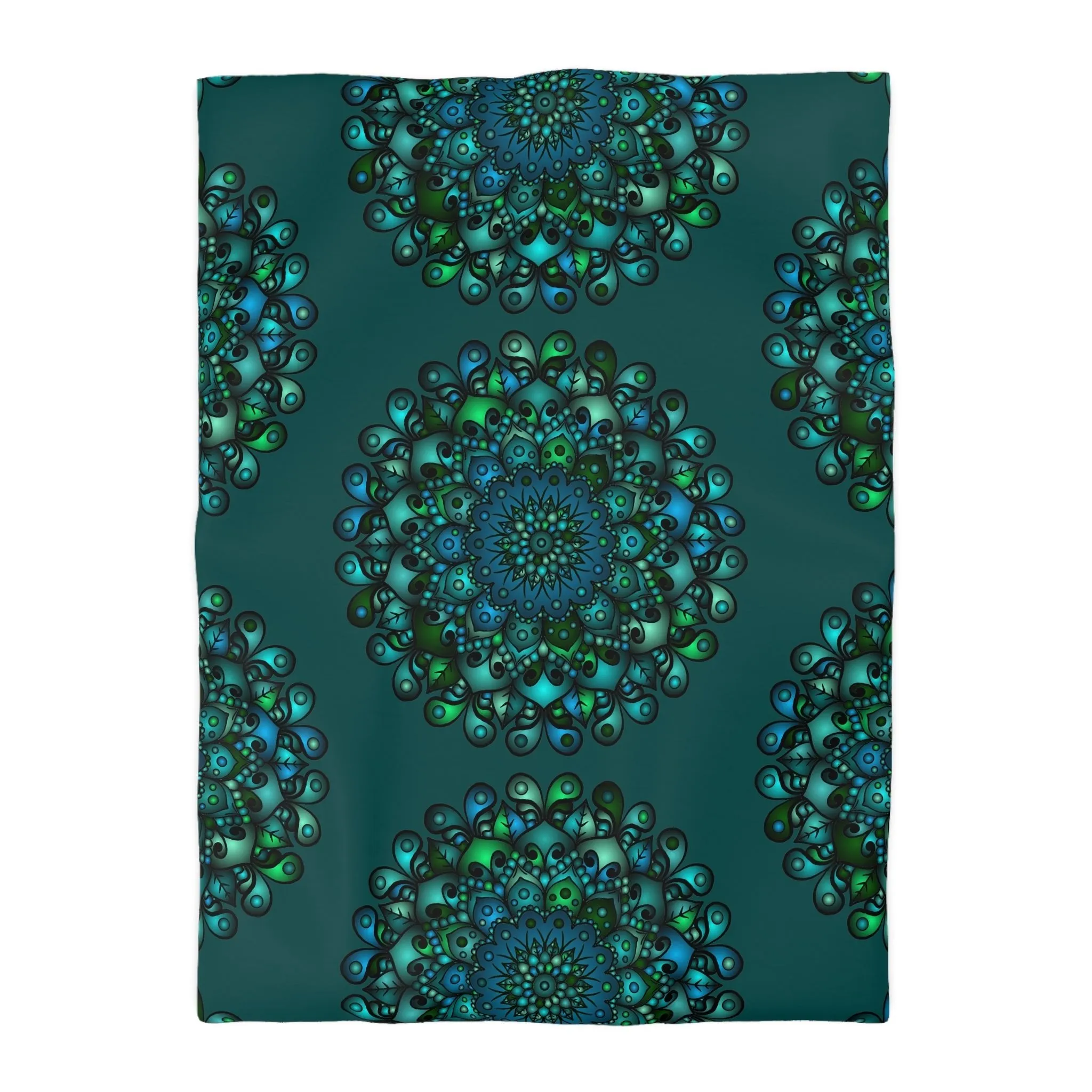 Handmade Mandala Art Microfiber Duvet Cover - Green Mandala on Dark Petroleum Green Background