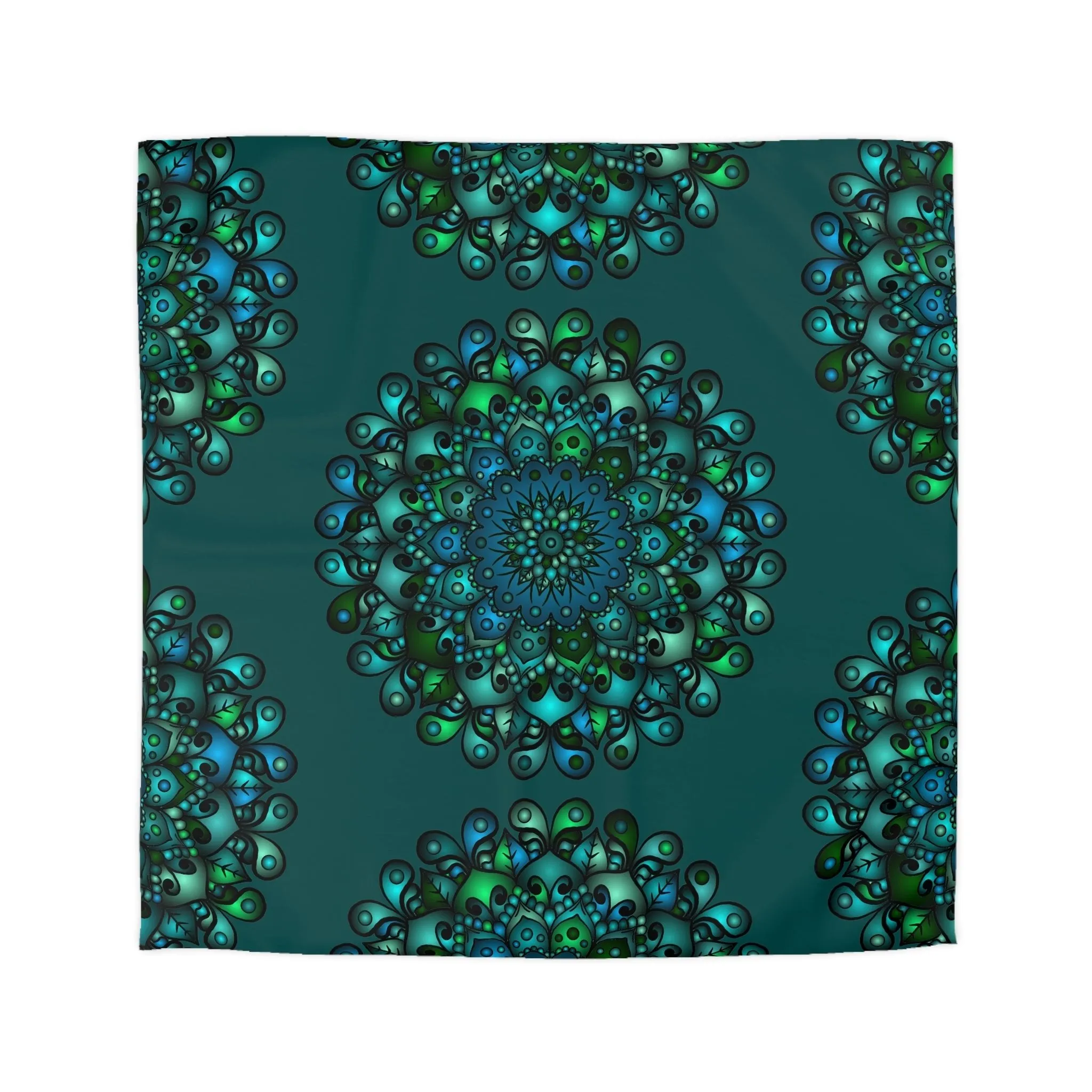 Handmade Mandala Art Microfiber Duvet Cover - Green Mandala on Dark Petroleum Green Background