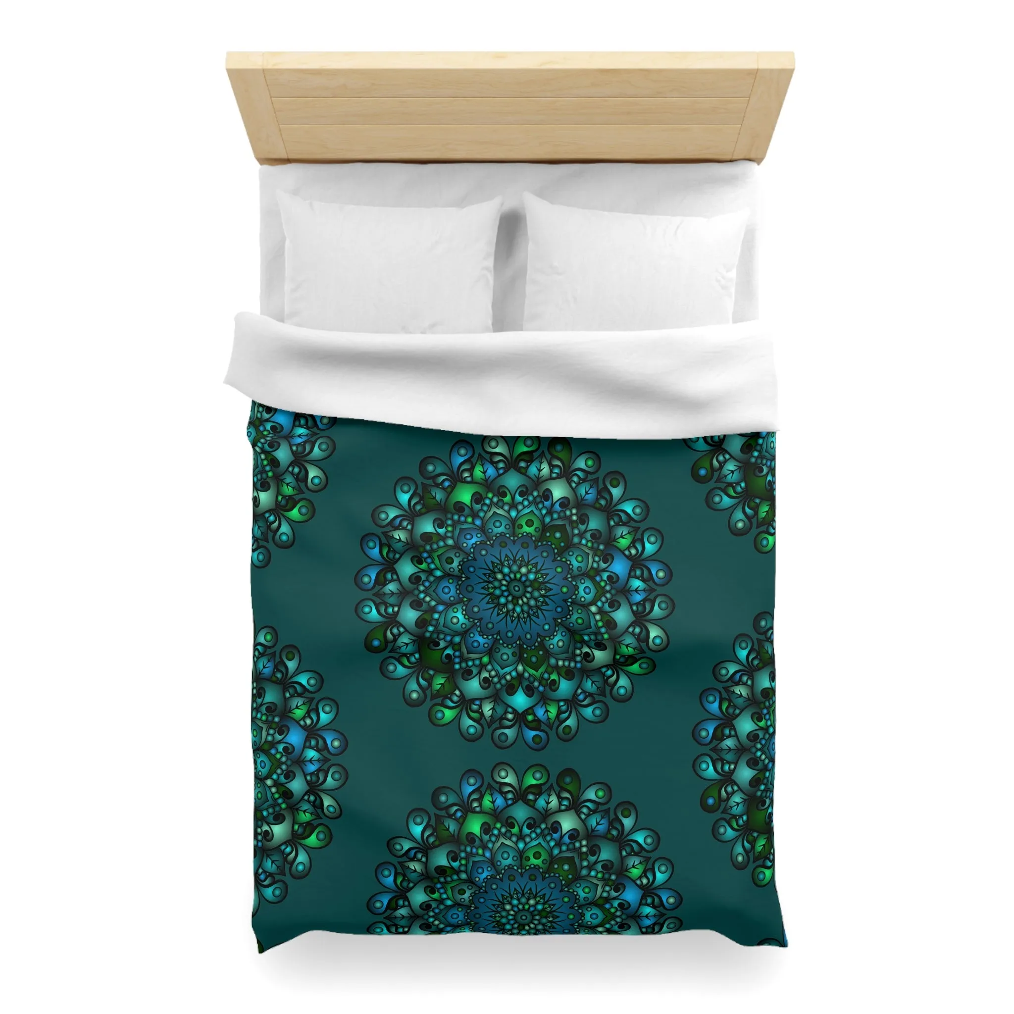 Handmade Mandala Art Microfiber Duvet Cover - Green Mandala on Dark Petroleum Green Background