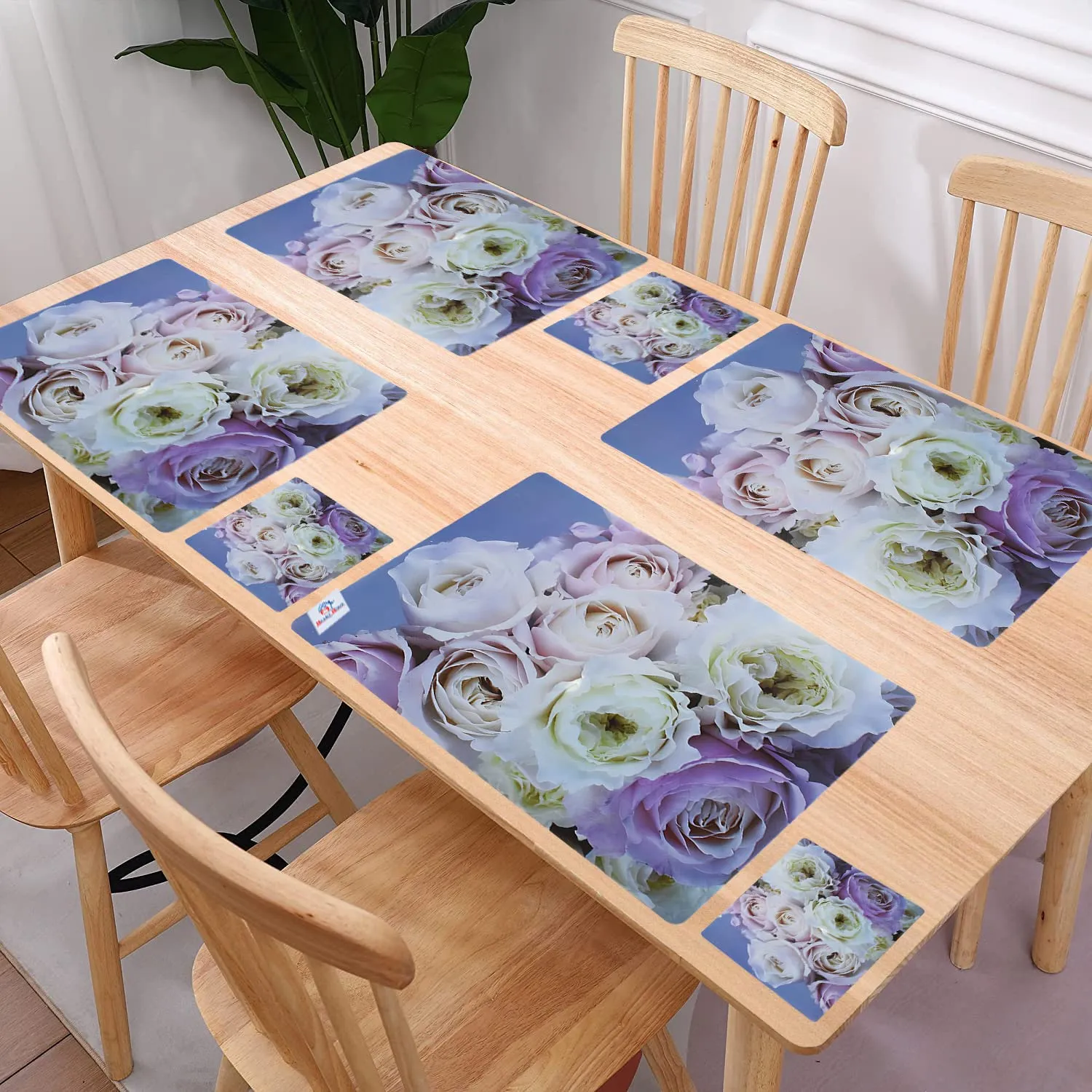 Heart Home Table Mat | PVC Flower Print Dining Table Mats | 6 Pieces Table Placemats Set with Tea Coasters | Washable Placemats for Home | Kitchen | Blue