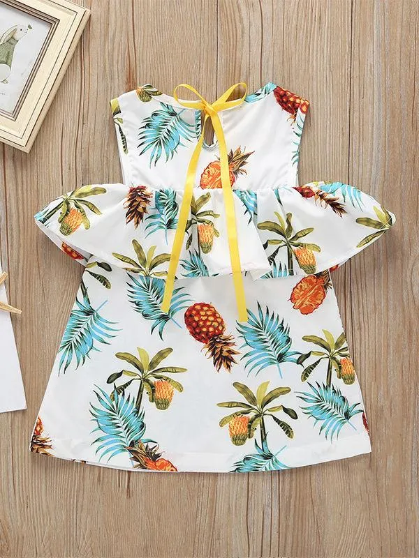 High Summer Ruffled Pineapple Print Off Shoulder Shift Dress