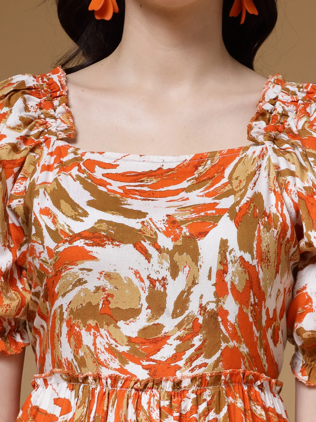 Indibelle Multi Abstract Print Rayon Flared Dress (Orange)