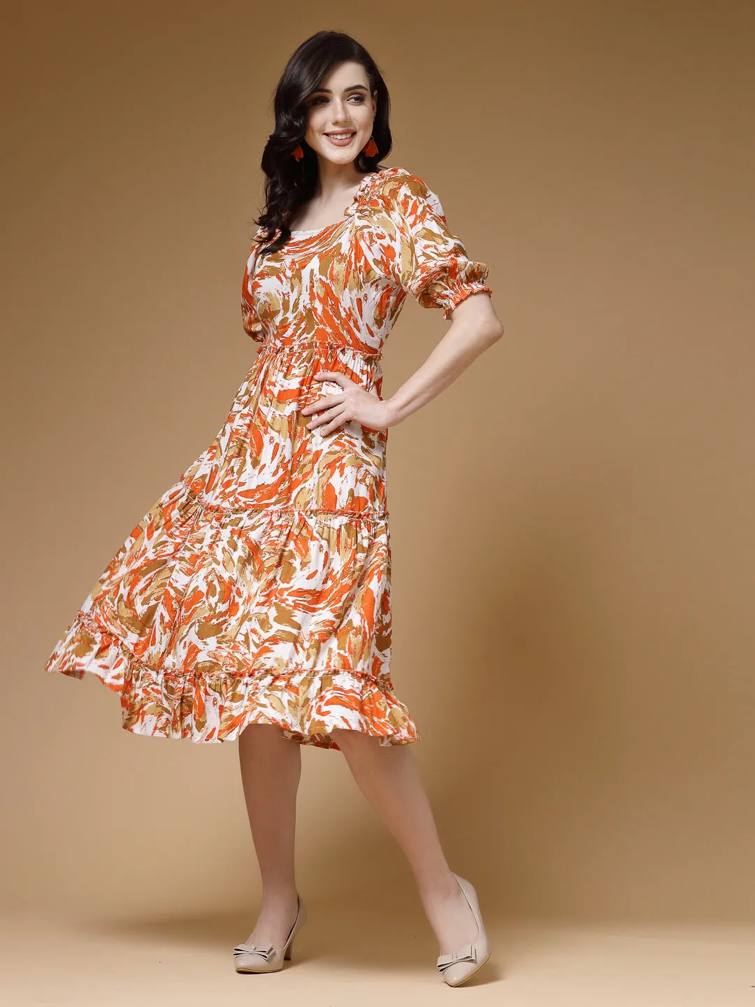 Indibelle Multi Abstract Print Rayon Flared Dress (Orange)