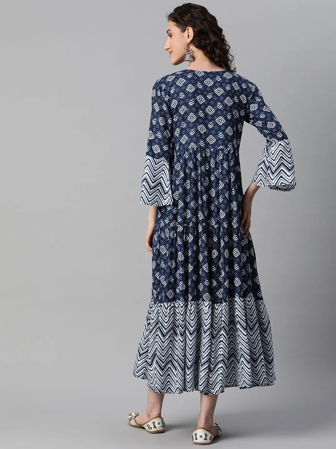 Indibelle Rayon Indigo Abstract Print Flared Dress (Blue)