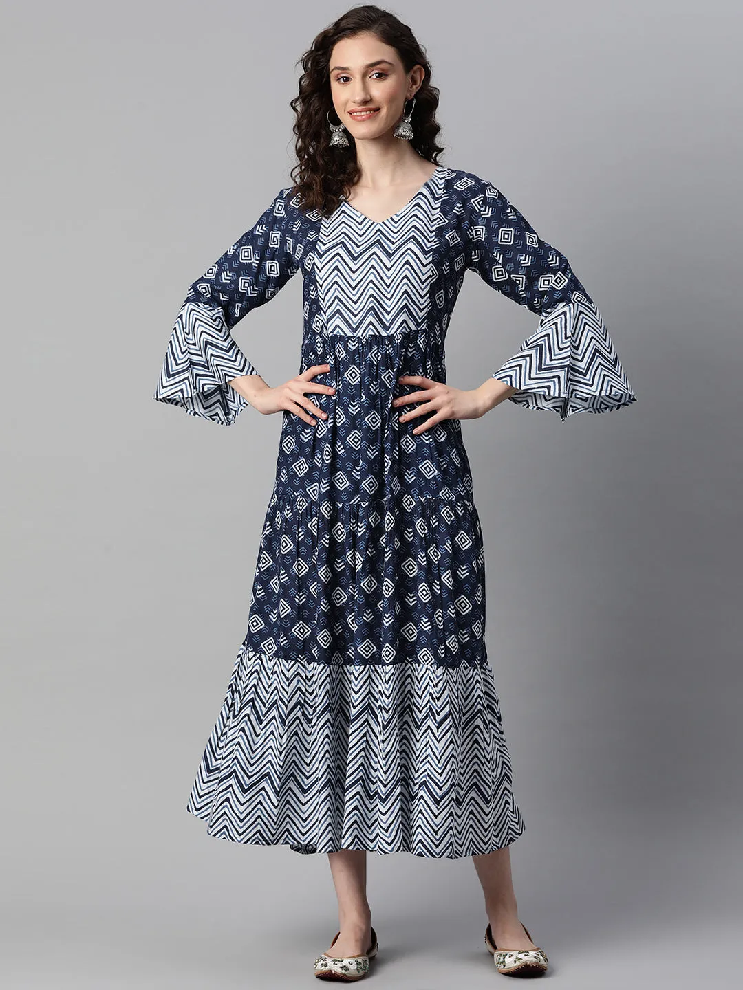 Indibelle Rayon Indigo Abstract Print Flared Dress (Blue)