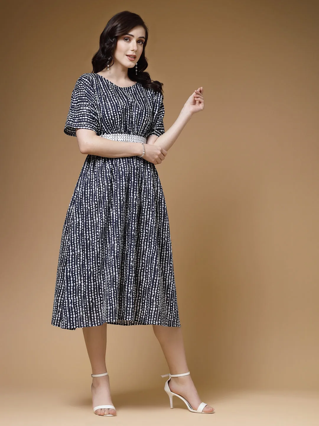 Indibelle Stripe Print Cotton Belted Flared Dress (Blue)