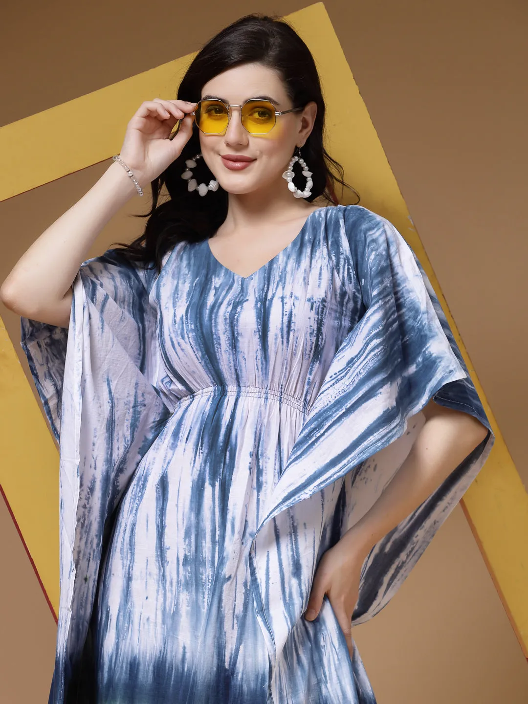 Indibelle Tie Dye Print Cotton Kaftan Dress (Blue)