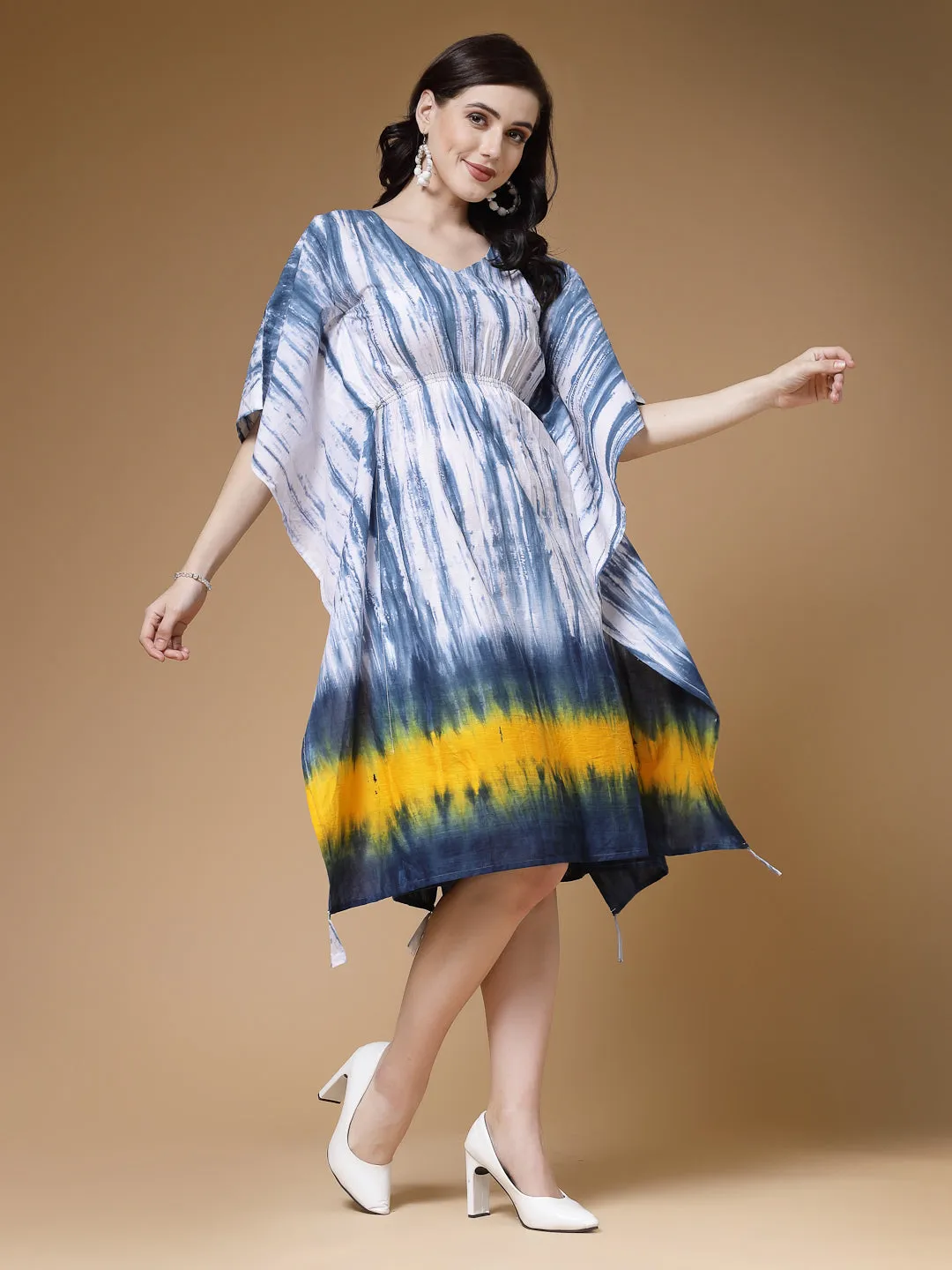 Indibelle Tie Dye Print Cotton Kaftan Dress (Blue)