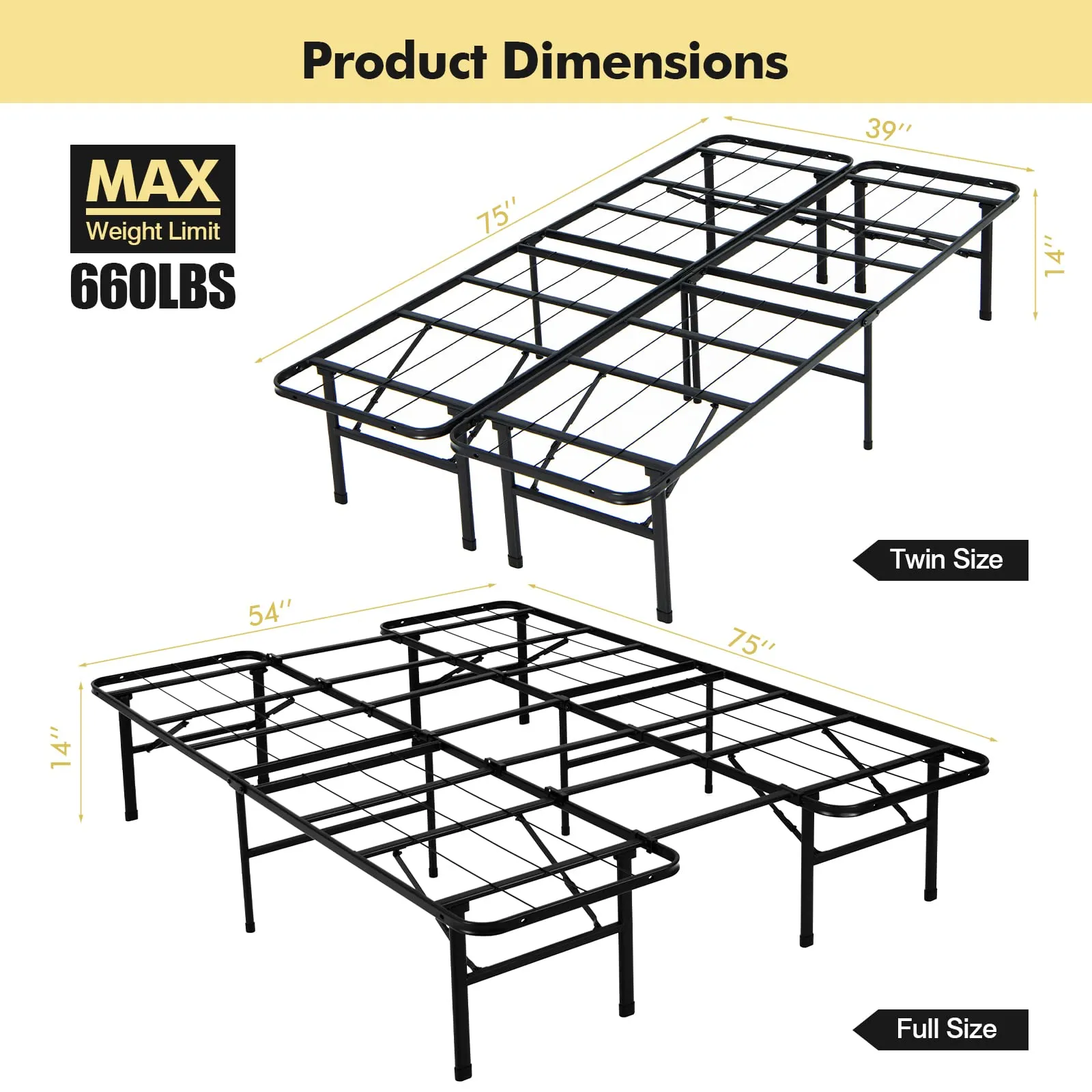 KOMFOTT Folding Metal Platform Bed Frame, Tool-Free Assembly, No Box Spring Needed