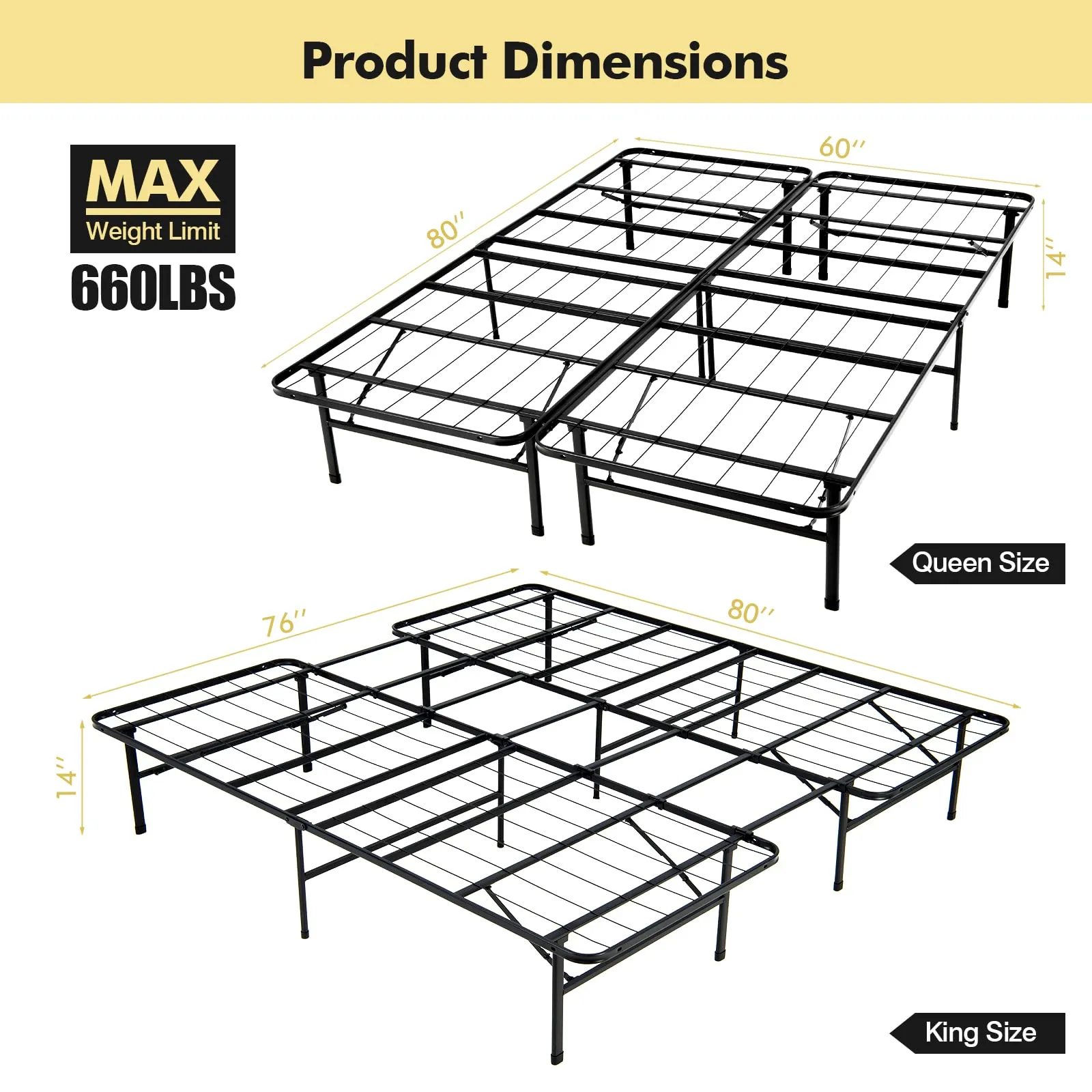 KOMFOTT Folding Metal Platform Bed Frame, Tool-Free Assembly, No Box Spring Needed