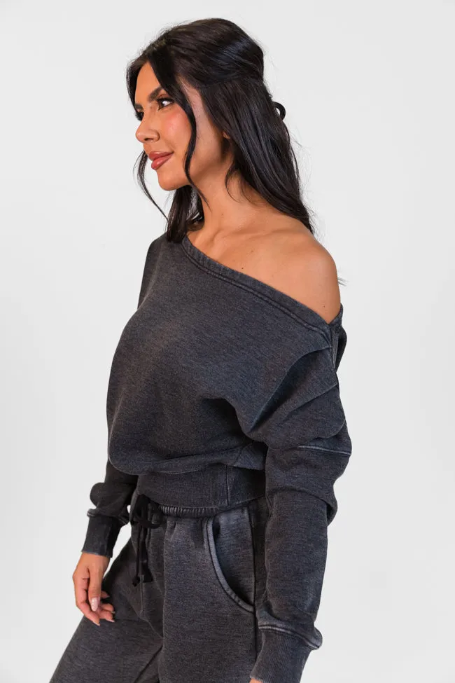 Learn As You Go Black Acid Washed Off The Shoulder Sweatshirt SALE