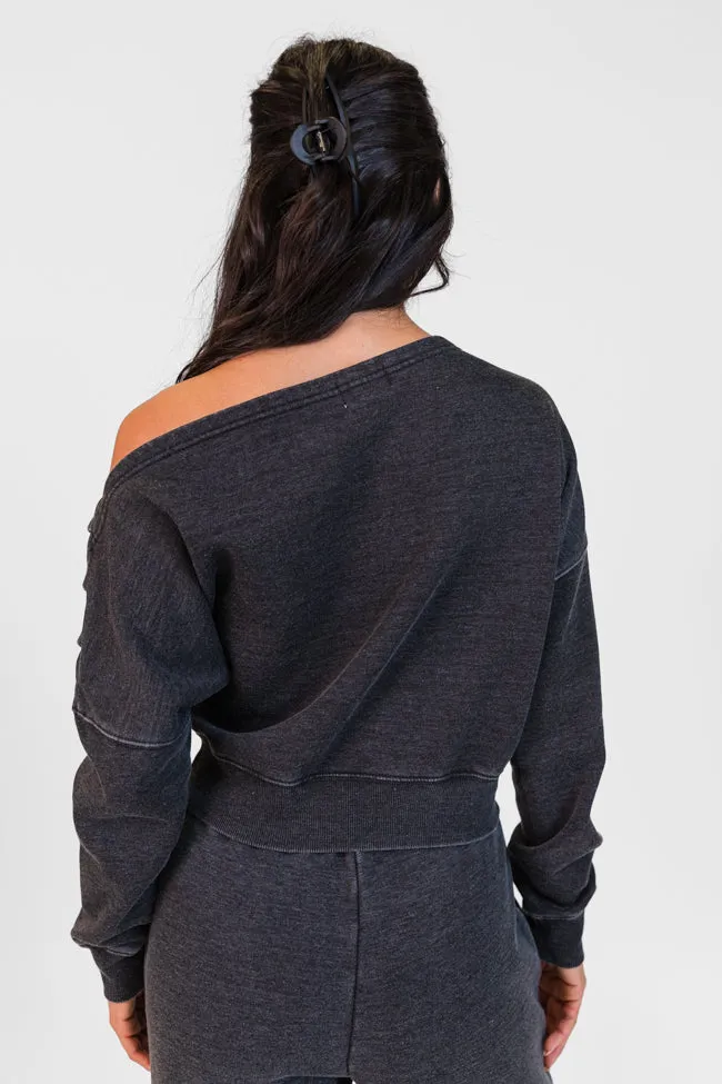 Learn As You Go Black Acid Washed Off The Shoulder Sweatshirt SALE