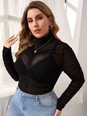 Mock Neck Black Sheer Mesh Long Sleeve Plus Size Blouse