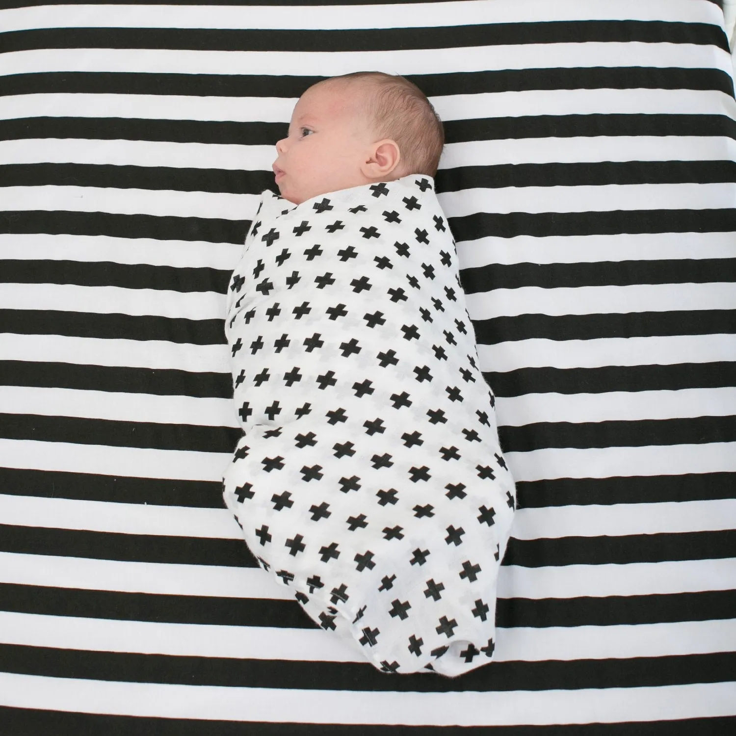 Muslin Baby Swaddle Blankets, 47x47 (3 Pack) Black, White, XO, Stripe, Cross