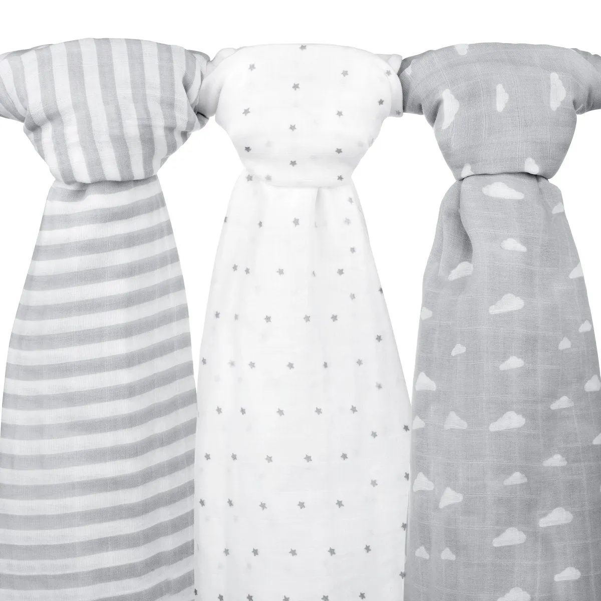 Muslin Baby Swaddle Blankets, 47x47 (3 Pack) Grey Cloud, Stripe & Stars