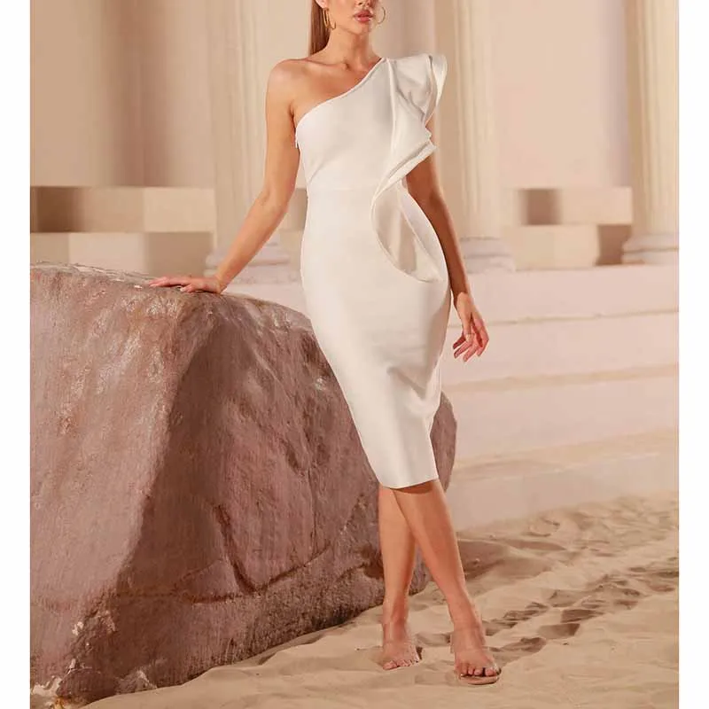 One Shoulder Ruffle Dress Bodycon Bandage Dress Wedding Guest Dress