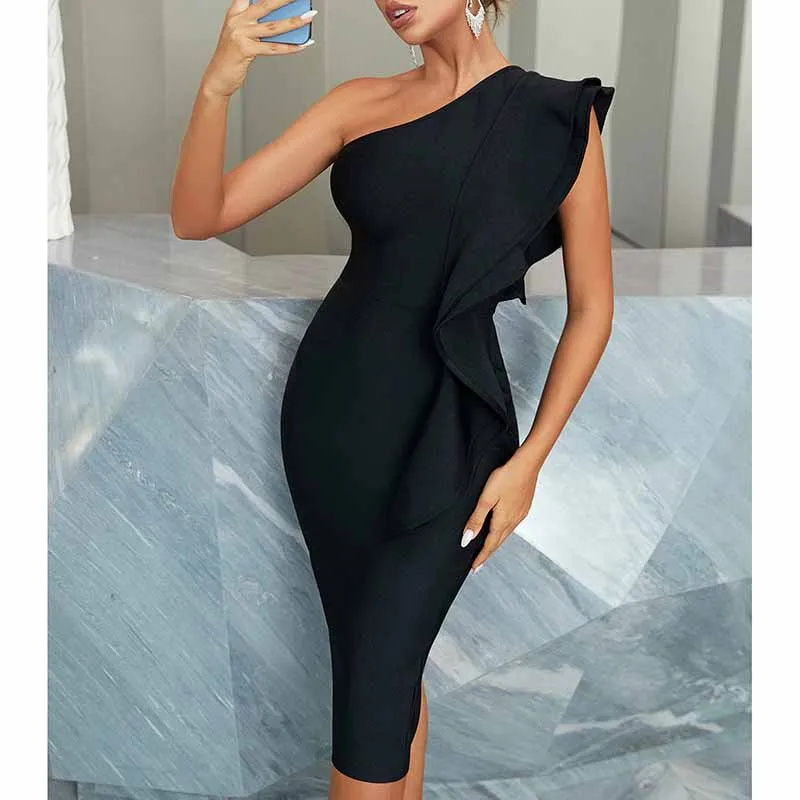 One Shoulder Ruffle Dress Bodycon Bandage Dress Wedding Guest Dress