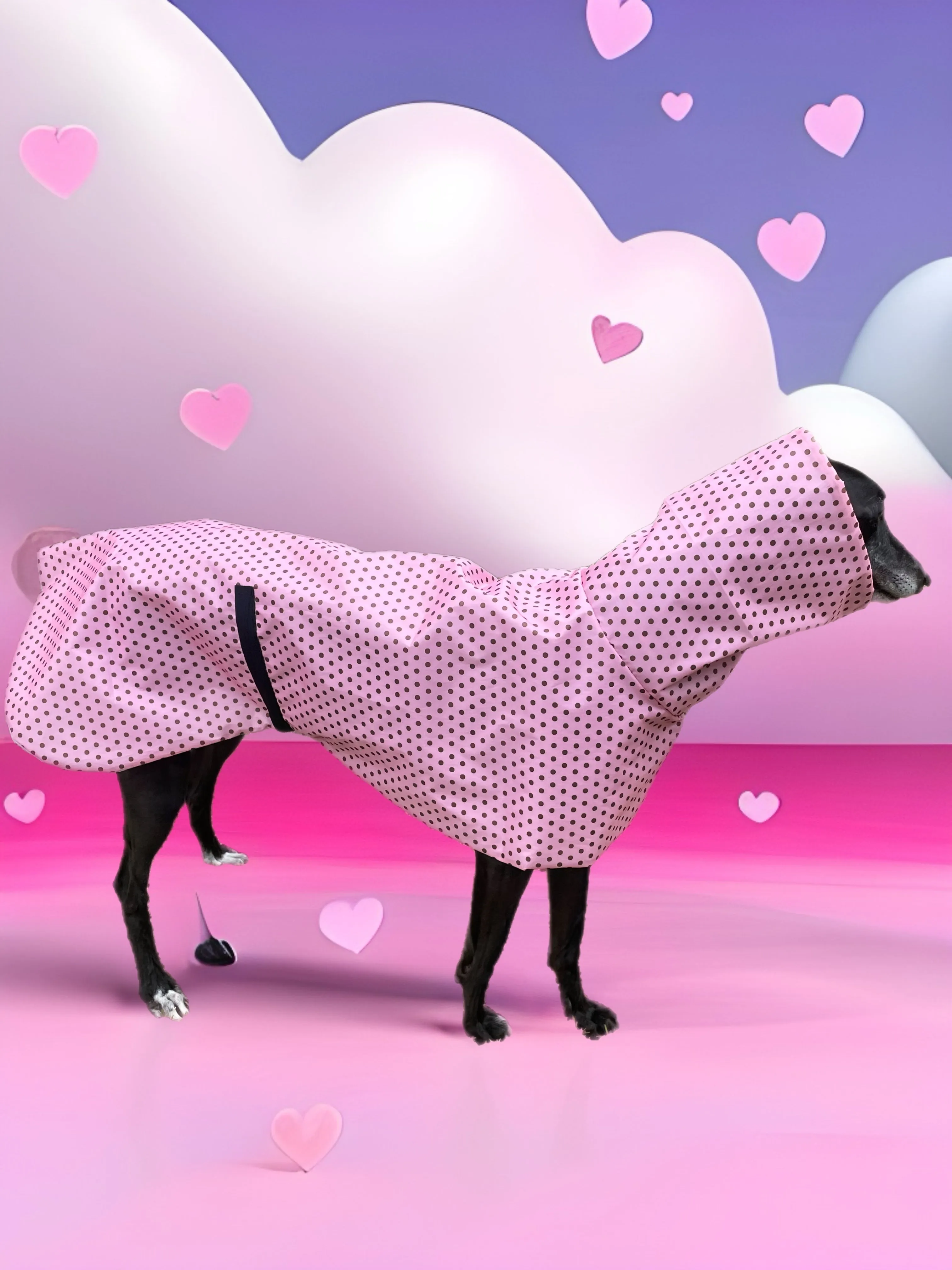 Pink with bronze dotty prints Greyhound coat deluxe style, summer rainwear, washable