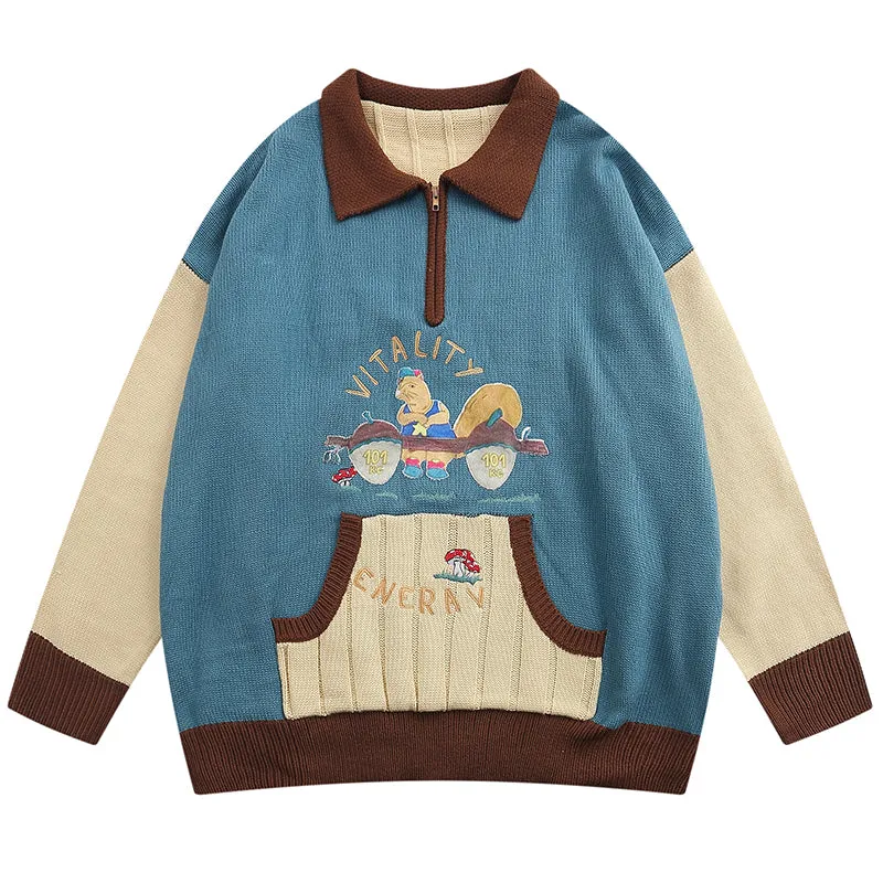 PopFlying Quarter Zip Sweater Weightlifting Squirrel