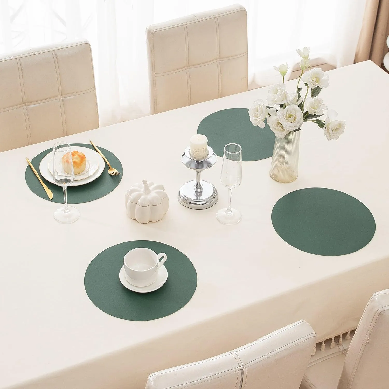 Premium Faux Leather Dining Table Round Mats, Juniper Green